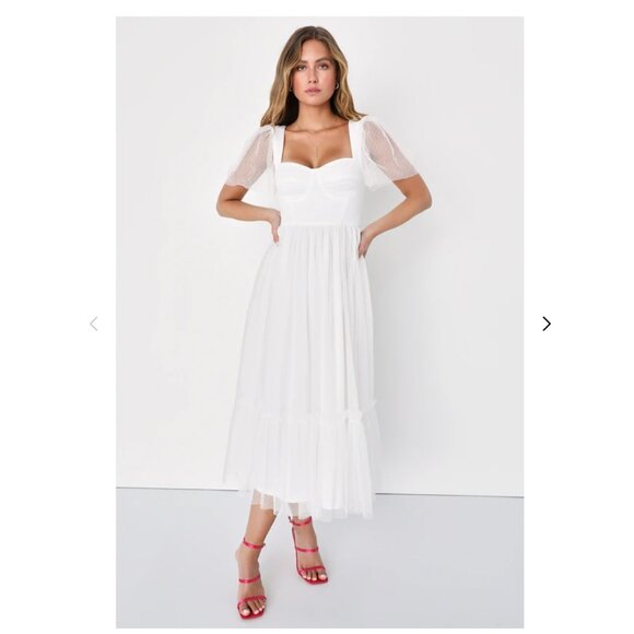 Lulu's Dreamy Celebration White Tulle Bustier Swiss Dot Midi Dress - Picture 1 of 6